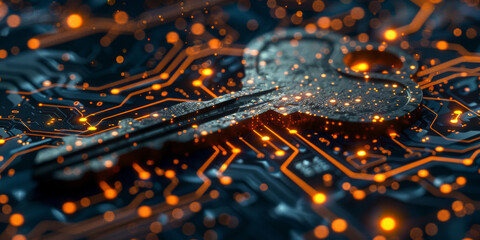 Key icon on digital circuit board background. Digital security and data protection concept.  