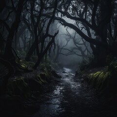 Wall Mural - a dark forest with a stream running through it