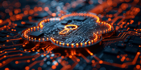 Key in the cloud with circuit board background. Digital security and data protection concept.  