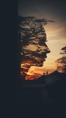 Poster - a double exposure of a womans face with trees in the background