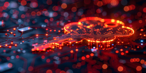 Key in the cloud with circuit board background. Digital security and data protection concept.  