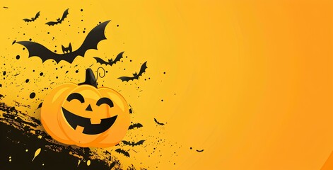 Wall Mural - Halloween background with cute cartoon pumpkins, bats and spider web on yellow color. banner design template for advertising or packaging product. Cartoon style