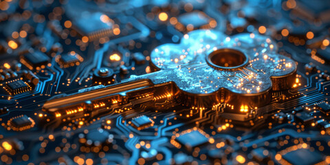 Key in the cloud with circuit board background. Digital security and data protection concept.  