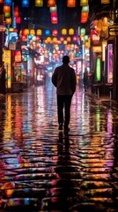 Poster - a man is walking down the street at night