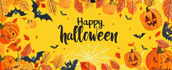 Wall Mural - Halloween background with cute cartoon pumpkins, bats and spider web on yellow color. banner design template for advertising or packaging product. Cartoon style