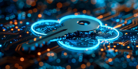 Key in the cloud with circuit board background. Digital security and data protection concept.  