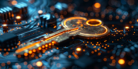 Key symbol on the electronic circuit. Cyber security concept.  