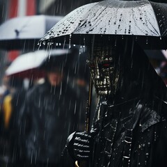 Sticker - a man wearing a mask and holding an umbrella in the rain