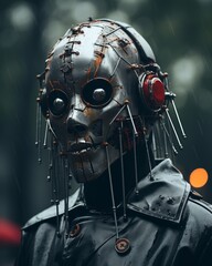 Sticker - a man wearing a metal mask and headphones in the rain