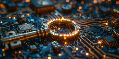 Key symbol on the electronic circuit. Cyber security concept.  