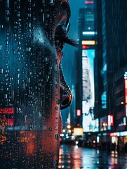 Canvas Print - a mans face is reflected in the rain on a city street