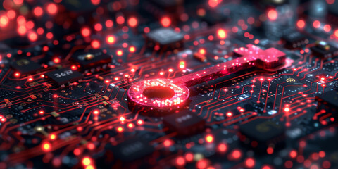 Key symbol on the electronic circuit. Cyber security concept.  
