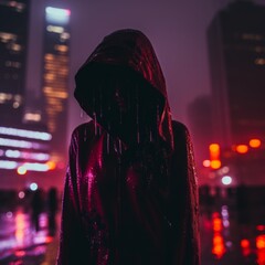 Wall Mural - a person in a red hoodie standing in front of a city at night