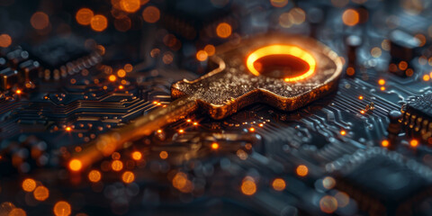 Key symbol on the electronic circuit. Cyber security concept.  