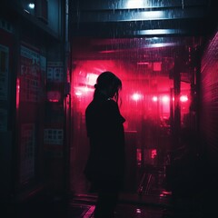 Wall Mural - a person standing in the dark in front of a red light