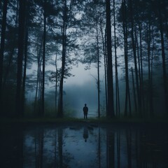 Wall Mural - a person standing in the middle of a forest at night