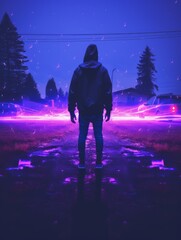 Sticker - a person standing in the middle of a road with purple lights