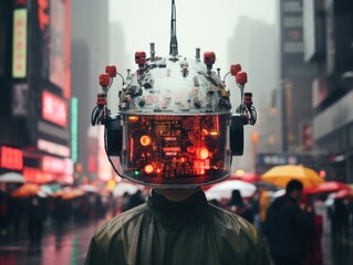 Sticker - a person wearing an electronic helmet on a rainy day