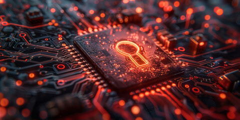 Key symbol on the electronic circuit. Cyber security concept.  