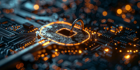 Key symbol on the electronic circuit. Cyber security concept.  
