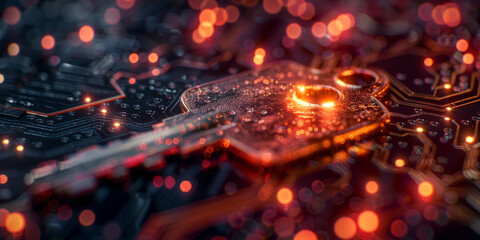 Key symbol on the electronic circuit. Cyber security concept.  