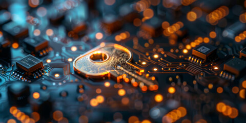 Key symbol on the electronic circuit. Cyber security concept.  