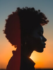 Wall Mural - a silhouette of a woman with an afro in front of a sunset