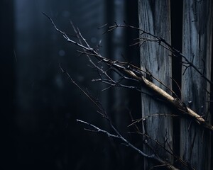 Wall Mural - a tree branch on a wooden fence in the dark