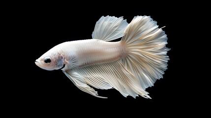 Wall Mural - Magnificent White Betta Fish Siamese Fighting Fish Betta Splendens Isolated on a Captivating Black Background  This Elegant and Vibrant Aquatic Creature Showcases its Shimmering Scales Flowing Fins