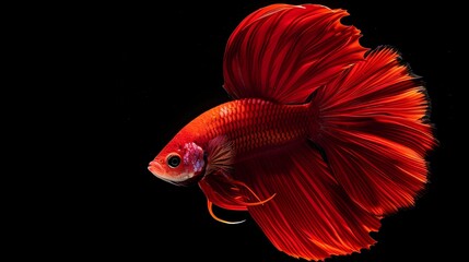 Wall Mural - Vibrant Red Betta Siamese Fighting Fish Splendens Isolated on Black Background  Exotic Aquatic Animal with Colorful Fins and Scales Swimming in Underwater Environment