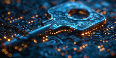 Key in blue technology background. Digital security and data protection concept.  