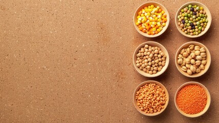 Wall Mural - Various colorful legumes in bowls on cork background