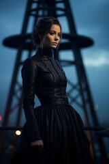 Poster - a woman in a black dress standing in front of an eiffel tower