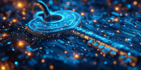 Key in blue technology background. Digital security and data protection concept.  