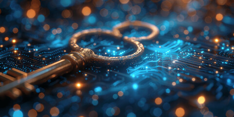 Key in blue technology background. Digital security and data protection concept.  