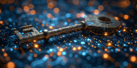 Key in blue technology background. Digital security and data protection concept.  