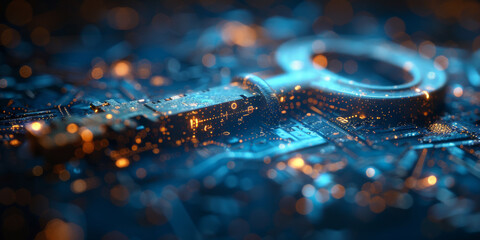 Key in blue technology background. Digital security and data protection concept.  