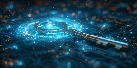 Key in blue technology background. Digital security and data protection concept.  