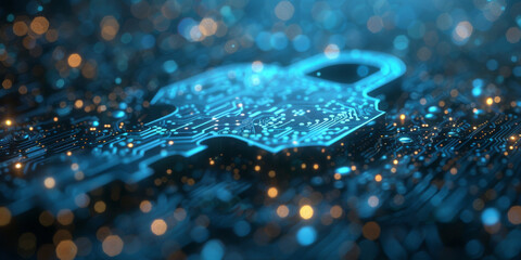 Key in blue technology background. Digital security and data protection concept.  