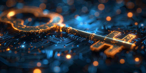 Key in blue technology background. Digital security and data protection concept.  