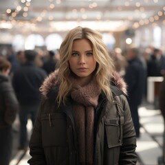 Wall Mural - a woman in a coat and scarf standing in an airport