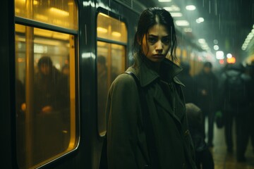 Sticker - a woman in a coat standing on a subway platform in the rain