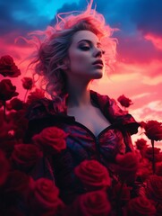 Wall Mural - a woman in a field of red roses