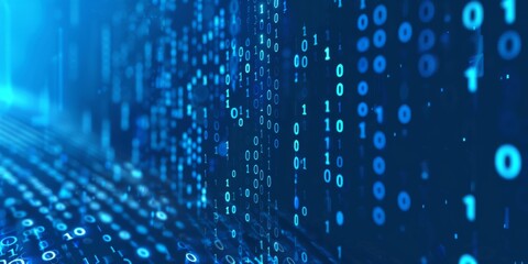 Fototapete - Blue background with binary code, data flow and computer screen. Abstract digital technology concept.