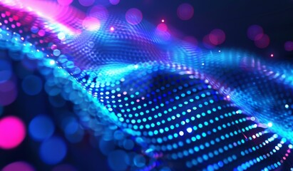 Fototapete - Blue and purple gradient background with dots and wavy lines creating a glowing effect. Abstract digital technology wallpaper.
