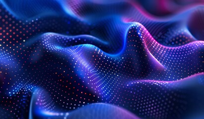 Fototapete - Blue and purple gradient background with dots and wavy lines creating a glowing effect. Abstract digital technology wallpaper.