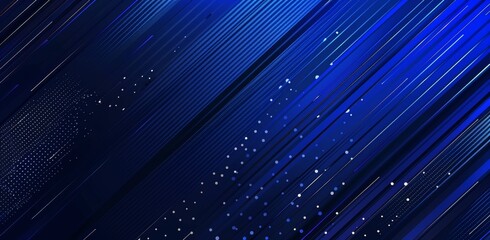 Poster - Dark blue background with diagonal lines and halftone dots.