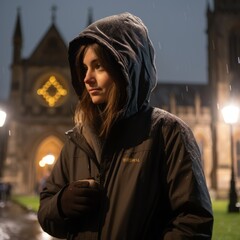 Sticker - a woman in a hooded jacket standing in the rain