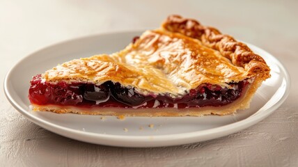 Wall Mural - Slice of cherry pie on white plate, delicious dessert with flaky crust