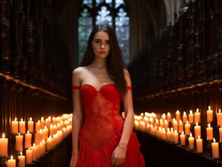 Poster - a woman in a red dress standing in front of candles